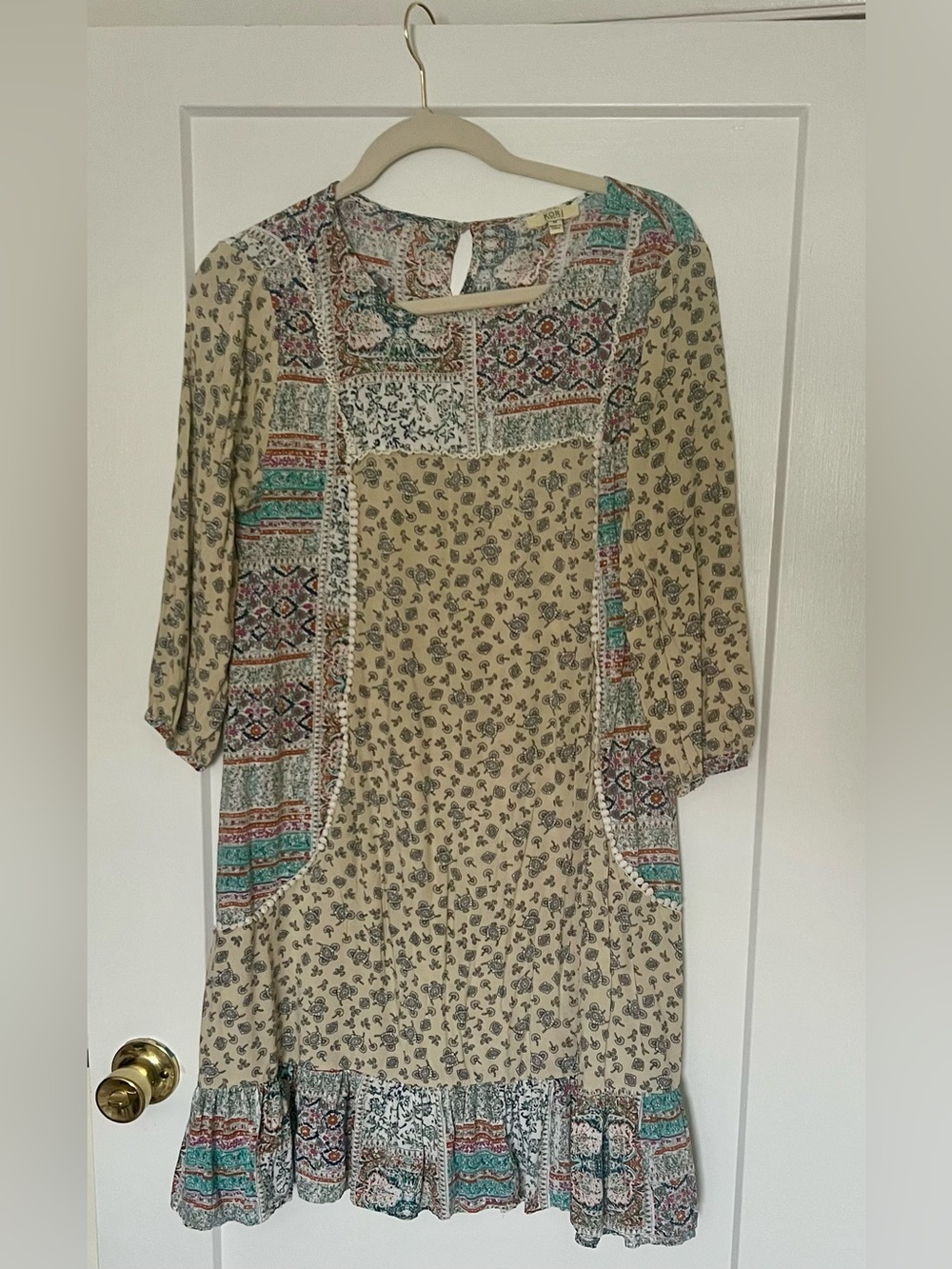Kori Beige Patchwork Long Sleeve Boho Dress with Teal Accents